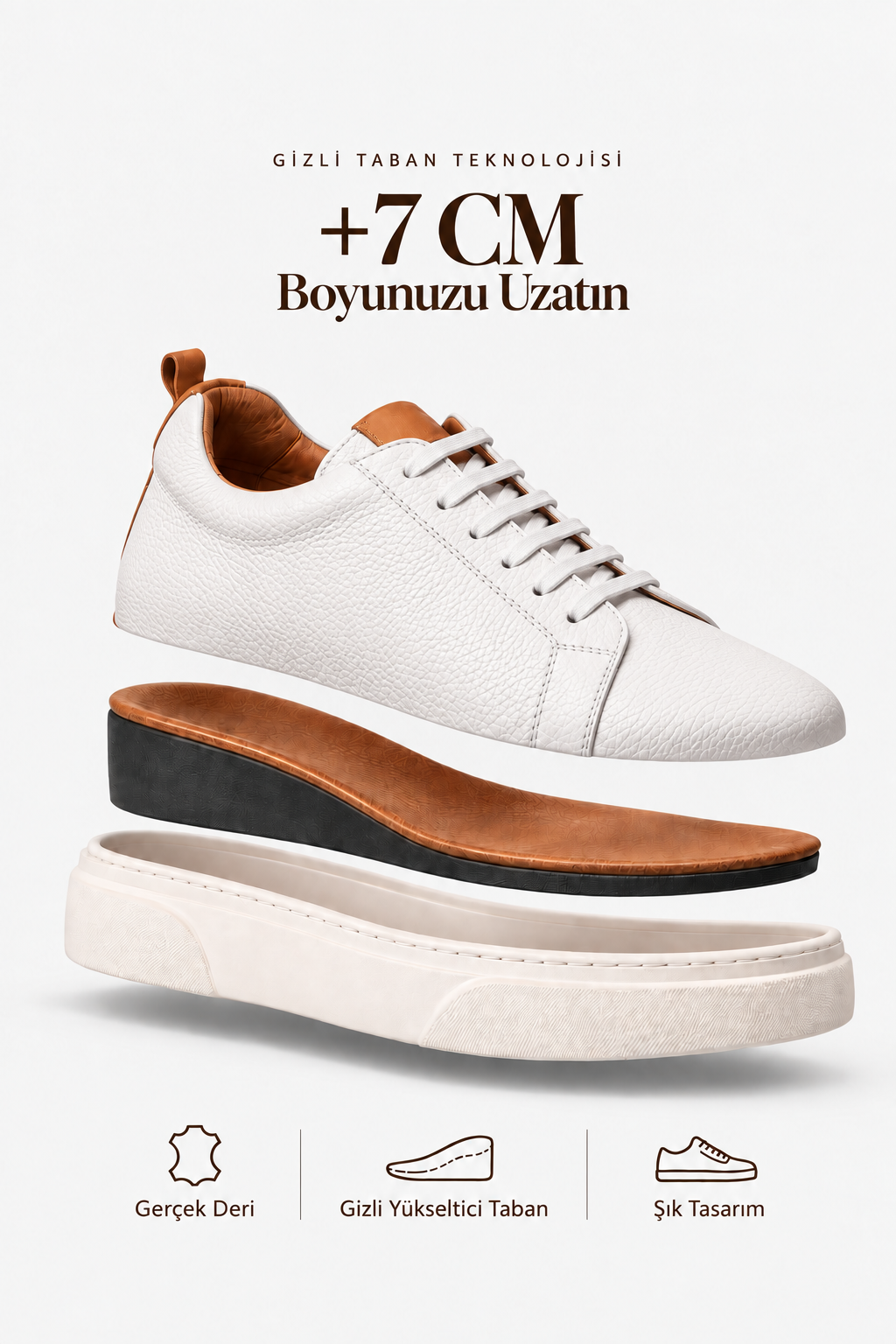 Don Ciccio Beyaz Deri Ayakkabı (+7 cm)