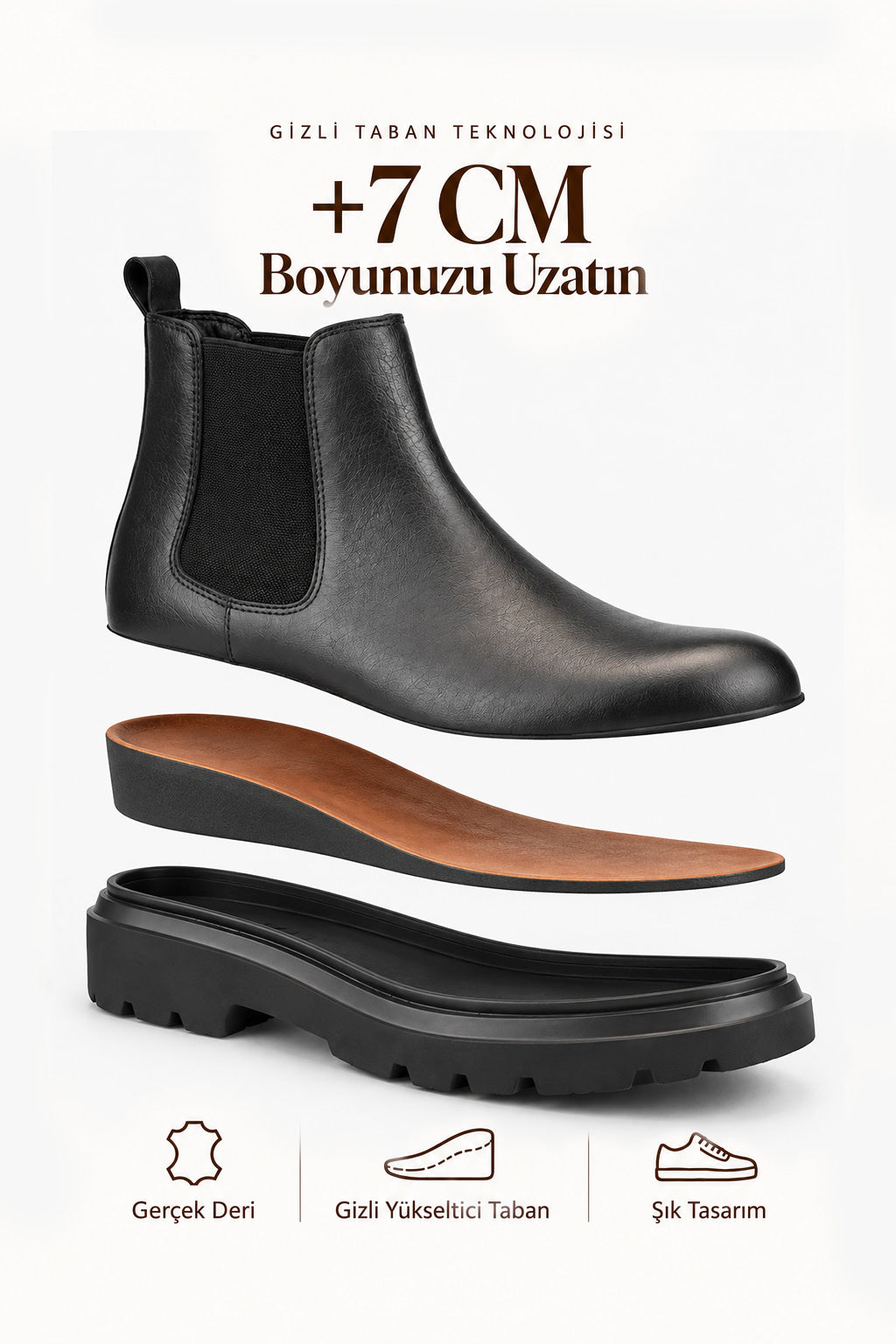 Don Ciccio Siyah Deri Bot (+7 cm)